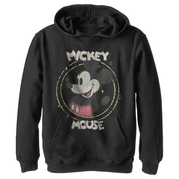 Boy's Mickey & Friends Mickey Mouse Classic Circle Distressed Pull Over Hoodie Black Small