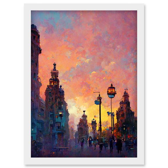 Prague City 1800's Sunset Painting Purple Pink Clouds Artwork Framed Wall Art Print A4