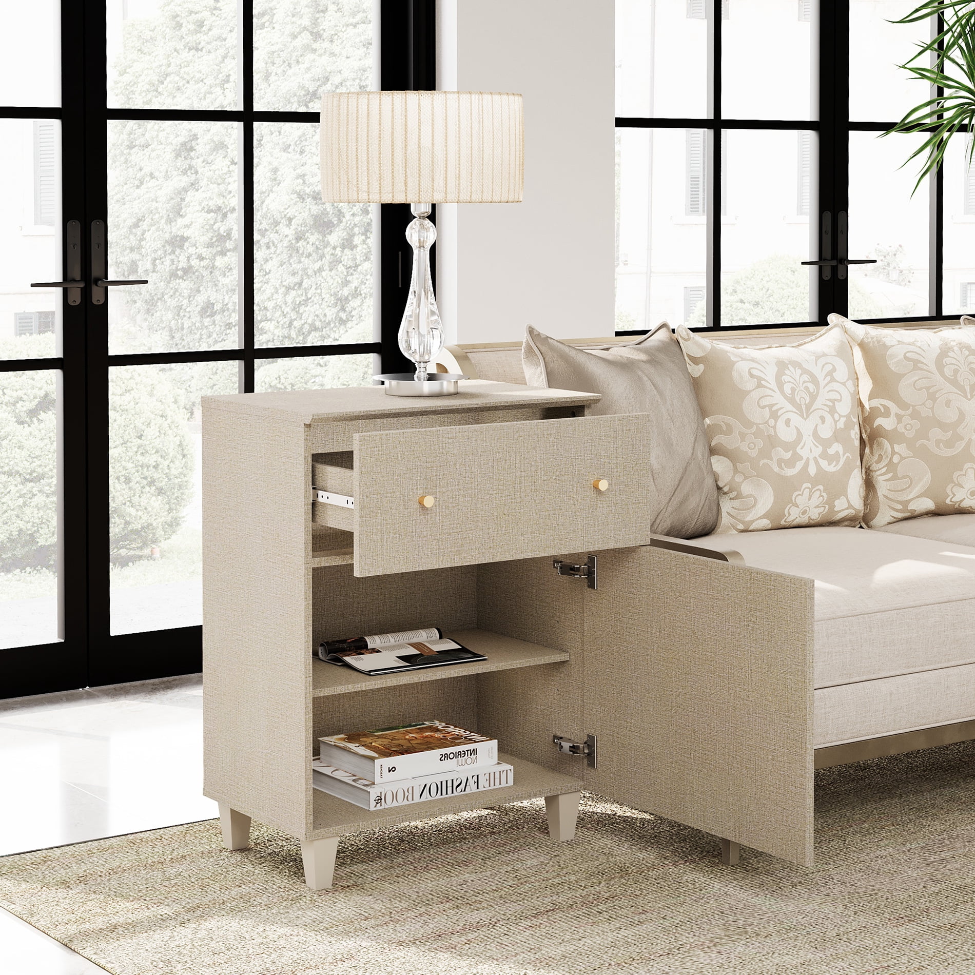 Living Room End Table, Large Sofa Side Tables with 1 Drawer and 1 Door, Beige Fabric Texture Finish Nightstand for Bedroom