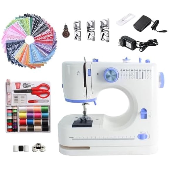 Sewing Machine for Beginners, Electric Portable Mini Small Sewing Machine with 50 Pcs Fabric and 32 Pcs Sewing Threads Kit, 12 Built-in Stitches 2 Speed with Foot Pedal (Blue)