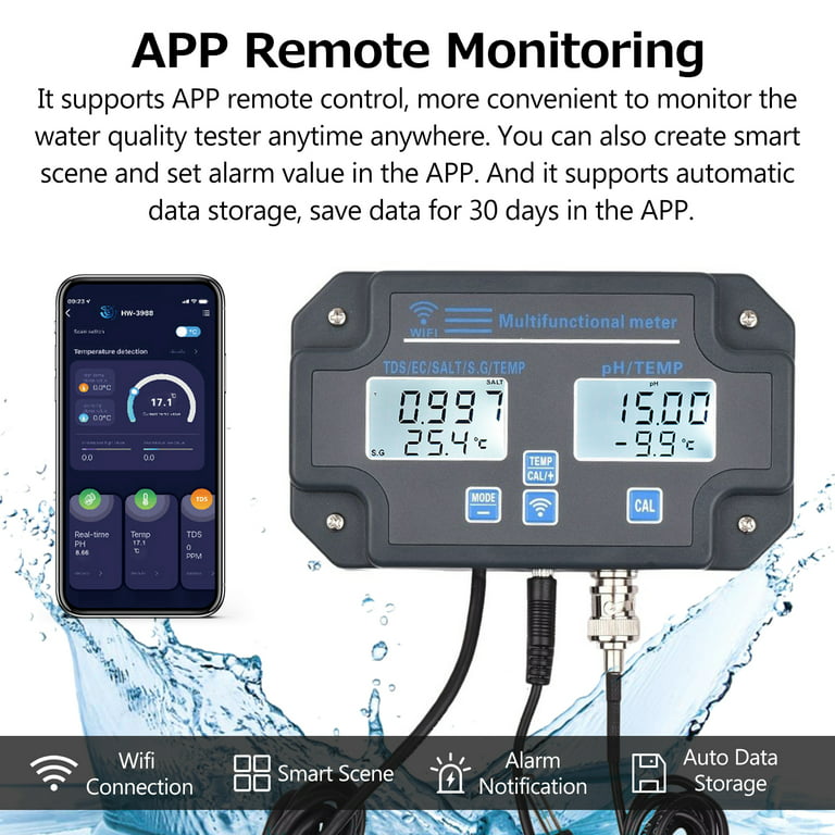 Wifi Digital Water Quality Tester - 6-in-1 Wall Mounted Water Analyzer For  Ph, Ec, Tds, Salt, S.g, Temperature - App Remote Monitoring With Alarm Noti
