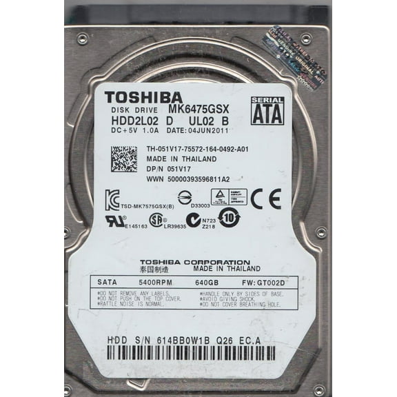 MK6475GSX, GT002D, HDD2L02 D UL02 B, Toshiba 640GB SATA 2.5 Hard Drive