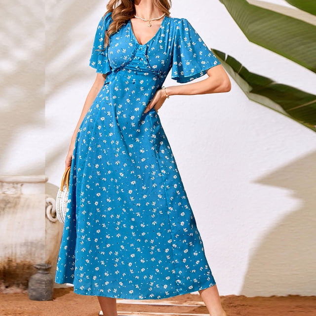 Lenago Robe d'Été Grande Taille pour Femmes Col Robe Manches Courtes Florale Bouton Jupe Longue en Chiffon Fête Plage Robes en Liquidation