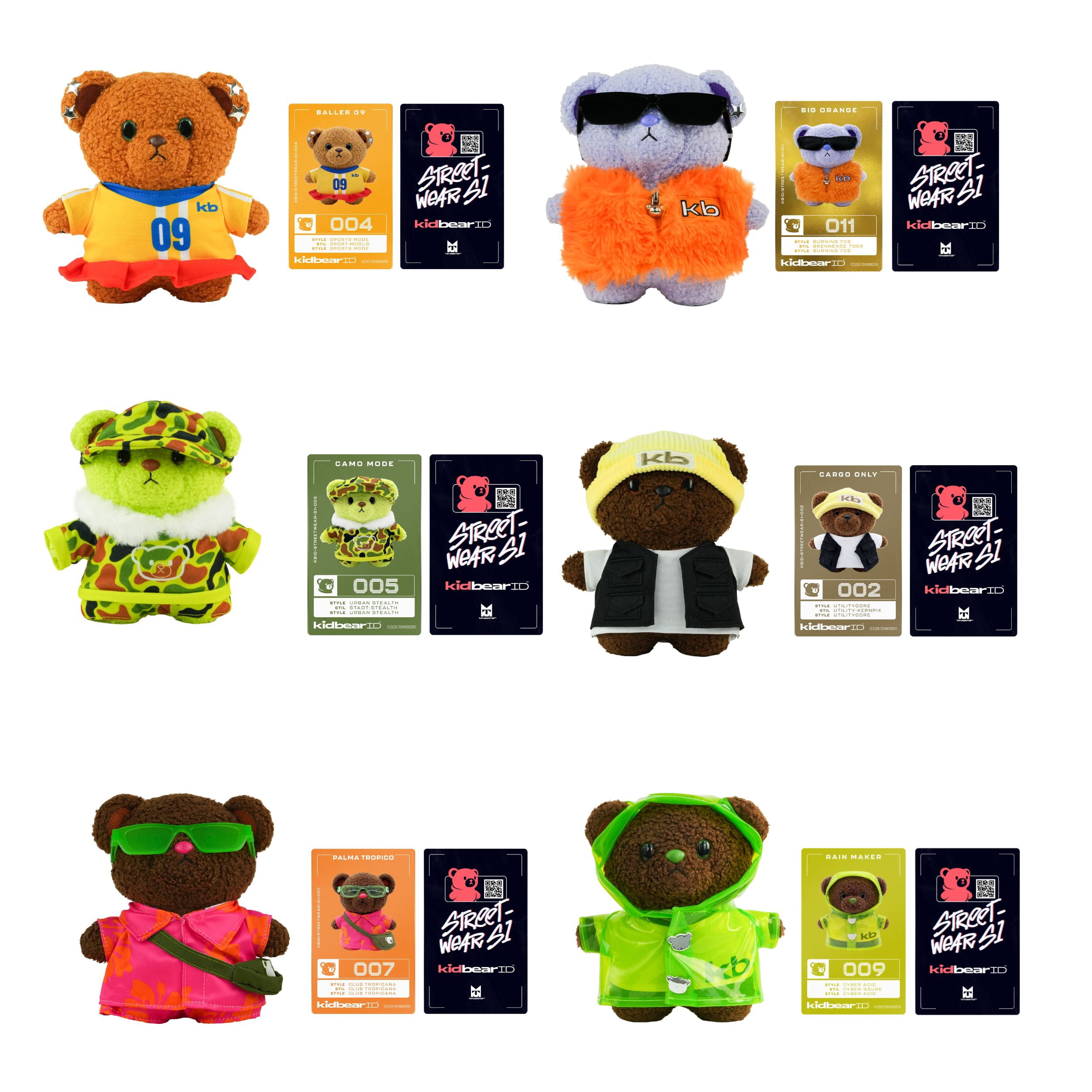 KidbearID Series 1 Streetwear Bears, Weighted Stand-Up Collectible Plush, Interchangeable Outfits, 12 to Collect, Ages 3+