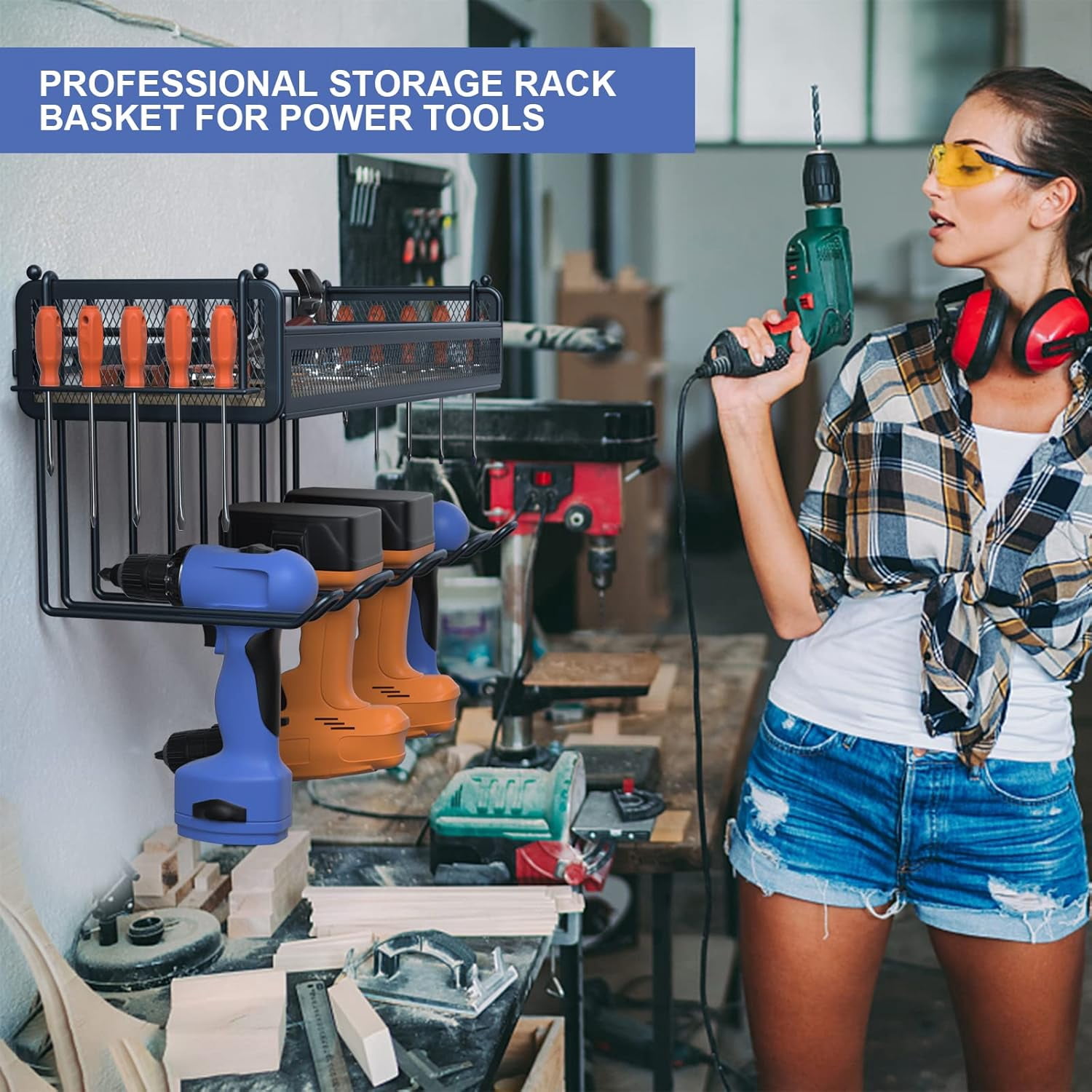 Power Tool Organizer Drill Holder Wall Mount Cordless Drill Storage with 2 Screwdriver Holder, Heavy Duty Tool Organizers And Storage, Tool Garage Organization Tool Rack, Father's Day Gifts