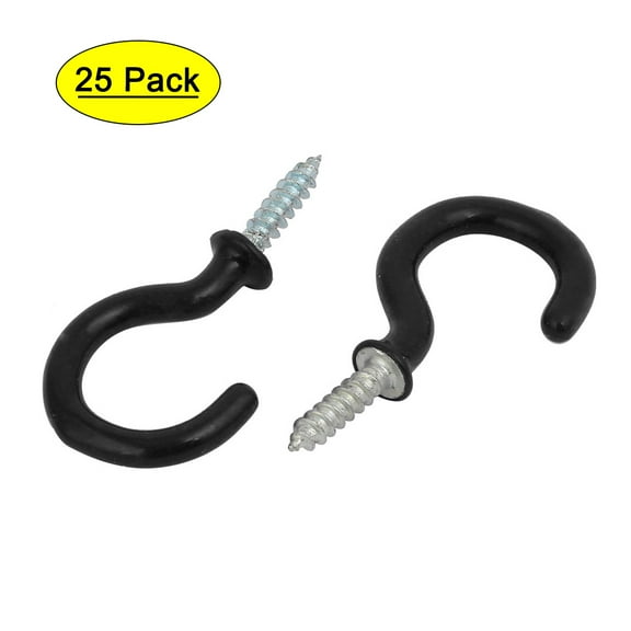 Uxcell Screw-in Open Cup Ceiling Hooks Hangers 1 Inch Plastic Coated Black 25pcs