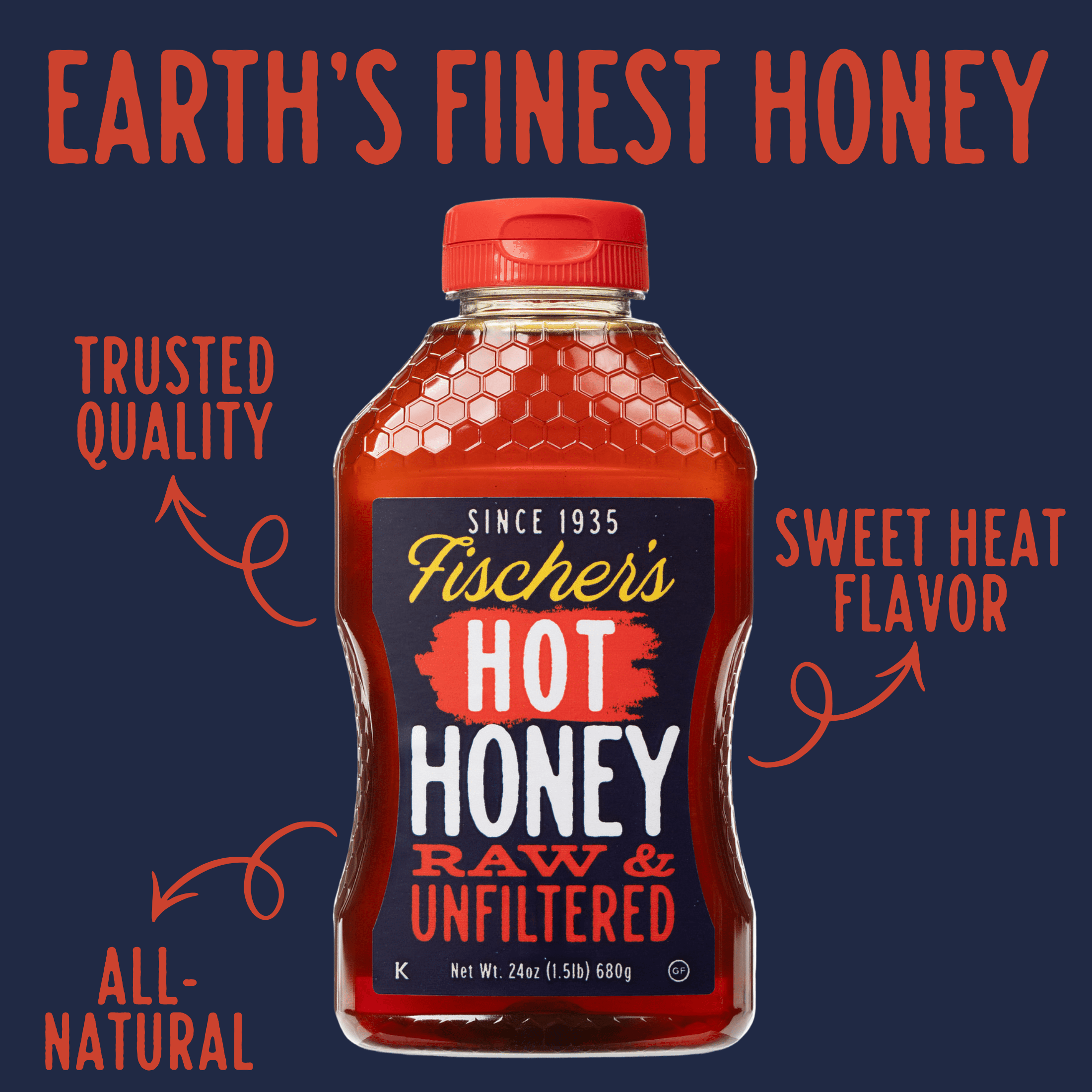 Fischer's Honey Hot Honey 24oz, Local Raw & Unfiltered, 100% Pure, Squeeze Bottle