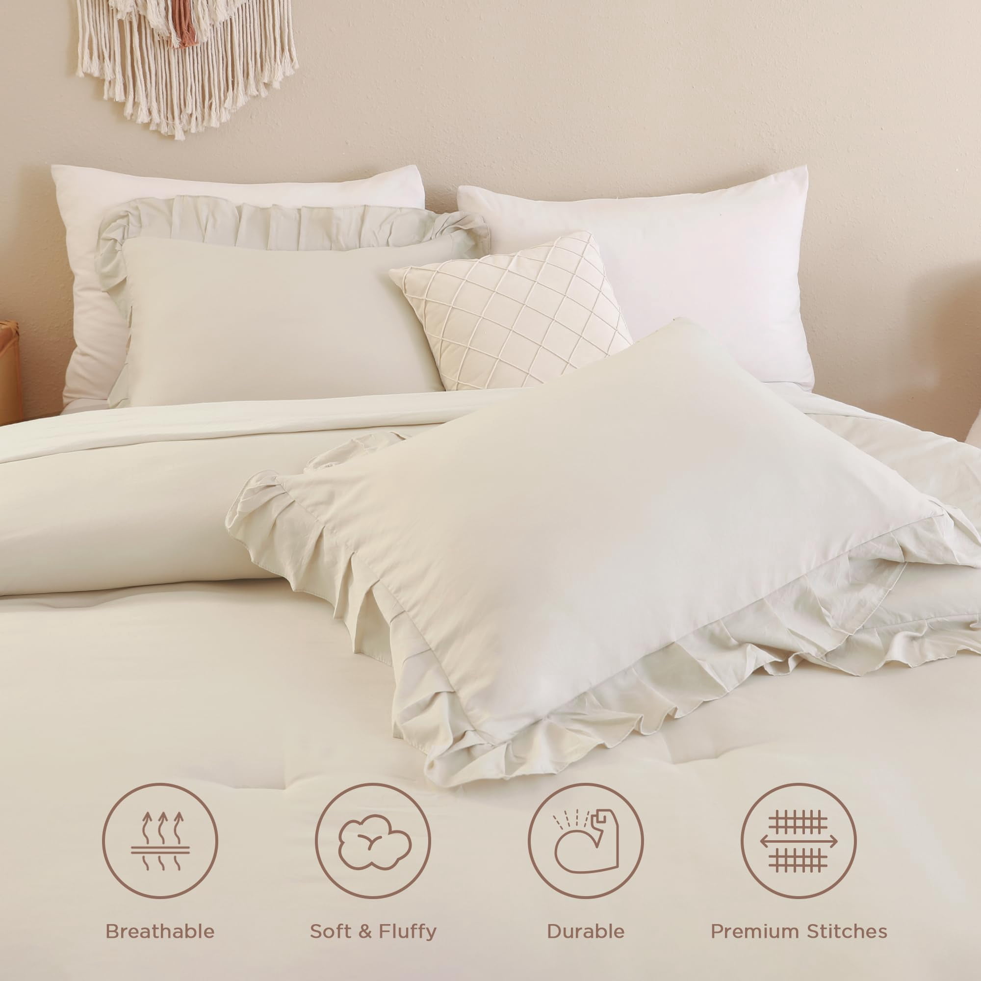 ANGENIA Beige Comforter Set Full Size, 3 Pieces Cream Ruffle Comforter Full, All Season Farmhouse Soft Lightweight Fluffy Microfiber Bed Set (79"x90" Comforter & 2 Pillowcases)