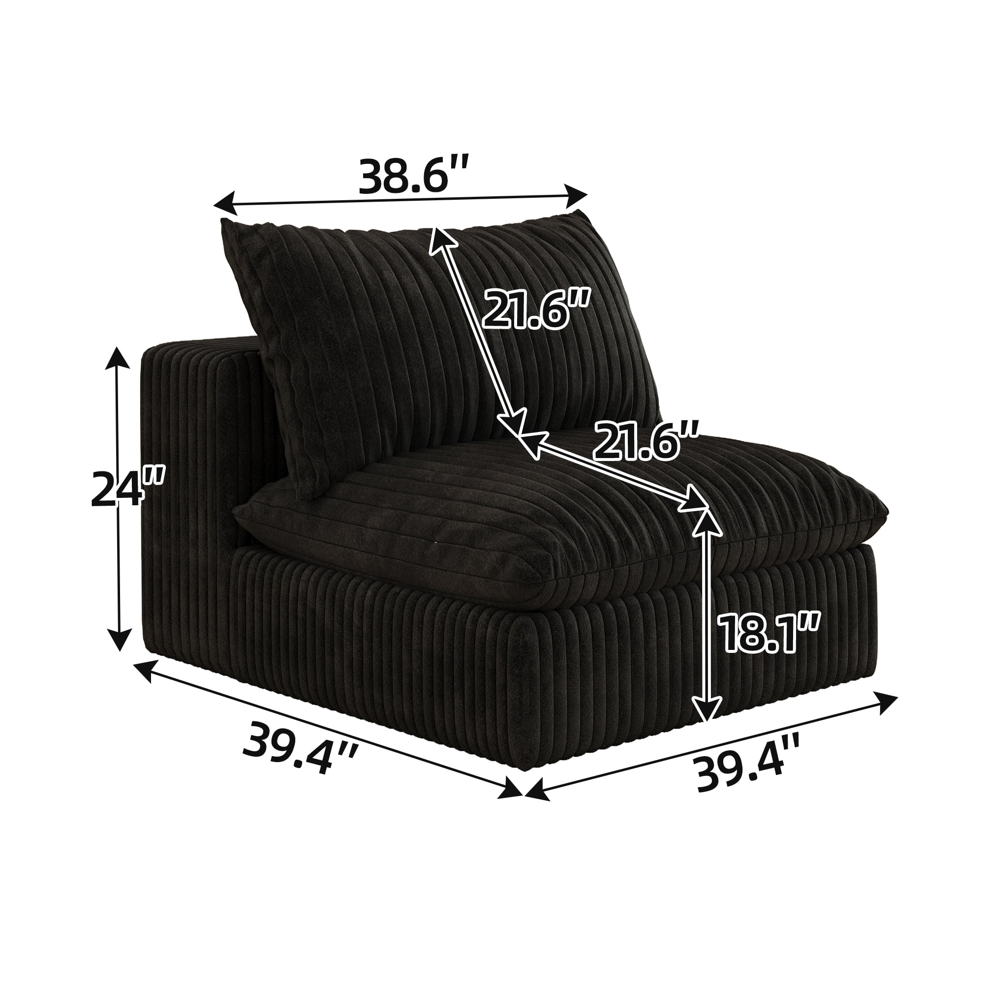 MAYEERTY Cloud Sofa Black Corduroy Deep Seat Double-Layer Removable Cushion No Assembly Multi-Rooms