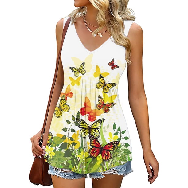 ICHUANYI Clearance Women Fashion Summer Sexy Fold Printed Regular Lace Sleeveless V Neck Button Top(Yellow, L) ICHUANYI WER2023081112866