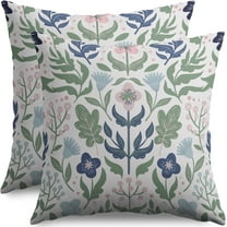 Blue Green Floral Pillow Covers 16x16 Set of 2 Spring Summer Navy Pink Flower Sage Leaves Block Print Decorative Throw Pillow Cases Outdoor Farmhouse Decoration for Sofa Couch Bed