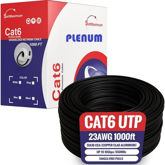 Cables Direct Online 1000FT CAT6 Plenum CMP Solid UTP Cable 550MHz Ethernet LAN 23AWG CCA (Copper Clad Aluminum) Bulk Pull Box, Black
