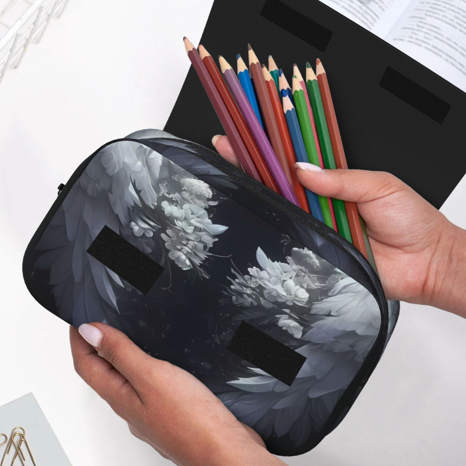 Rateoe Elegant Feathered Floral Wings Pattern Double Clamshell Pen Case, Storage Organizer with Two Zipper Compartments– Holds Up to 50 Pencils & Pens