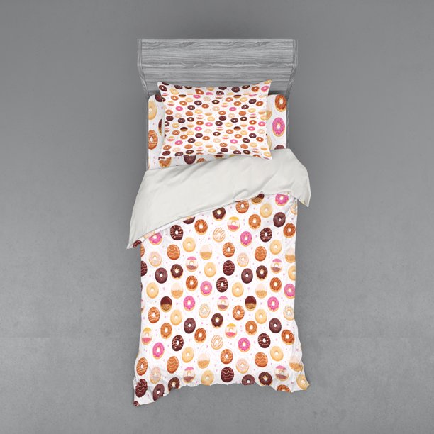 Food Duvet Cover Set, Donuts and Little Hearts Pattern Colorful Yummy