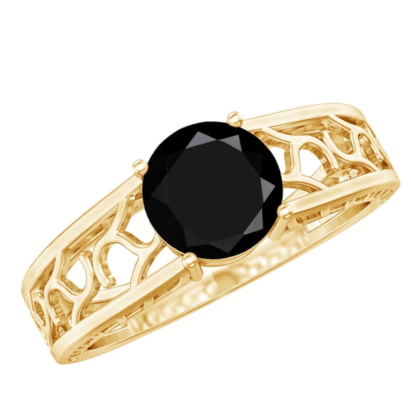 Rosec Jewels Natural Black Onyx Solitaire Engagement Ring - Filigree Ring for Women - 8 mm - AAA Quality - With Jewelry Box, 14K Yellow Gold, US 8.50
