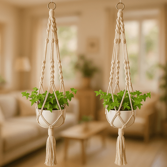Celectigo Macrame Plant Hangers — Handmade Boho Hanging Plant Holders for Indoor Plants (2-Pieces)