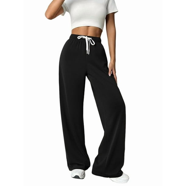 Pantalones Deportivos Holgados de Cintura Alta con Cordón Ajustable para Mujer, Pantalones Deportivos de Pierna y Bolsillos Negro M