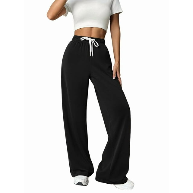 Pantalones Deportivos Holgados de Cintura Alta con Cordón Ajustable para Mujer, Pantalones Deportivos de Pierna y Bolsillos Negro XXL