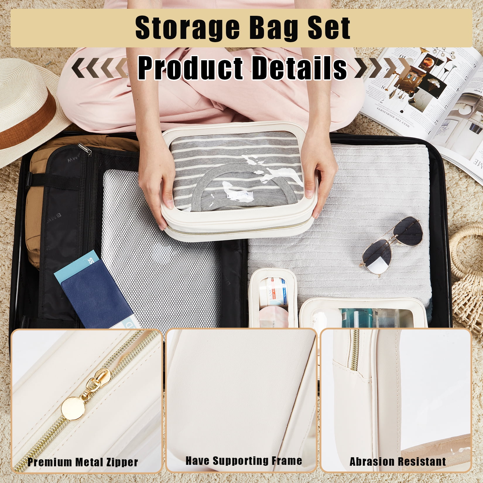 5PCS Clear Travel Bags Set, Waterproof Toiletry & Cosmetic Organizer with PU Trim, Transparent Storage Pouches for Makeup, Baby Essentials, Beach & Travel (Small Medium Large)