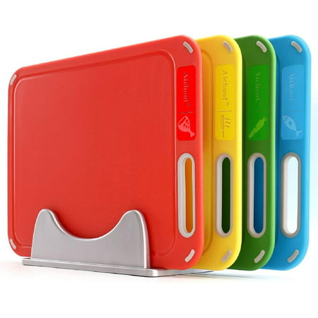 

Plastic Cutting Board Set of 4 with Storage Stand Color Box Packed BPA-Free Preventing Cross-contamination of Different Food Types Dishwasher Safe