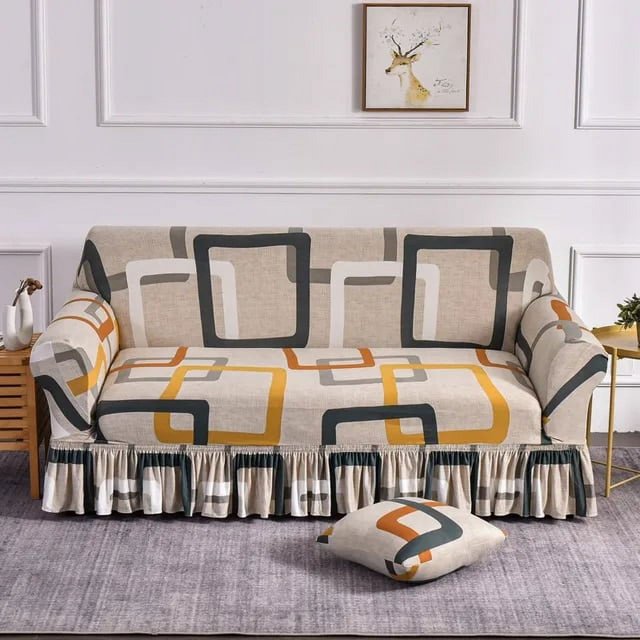 Elastic Stretchable Sofa Cover with Skirt Washable Furniture Protector Printed Slipcovers with Elastic Bottom for Living Room