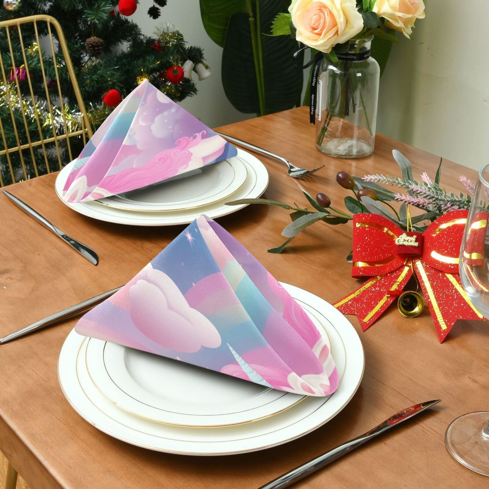 JSTEL Cute Unicorn Rainbow Cloth Napkins Set of 6, 20x20 Inch Washable and Reusable Napkin for Decoupage Dinner Party Everyday Use