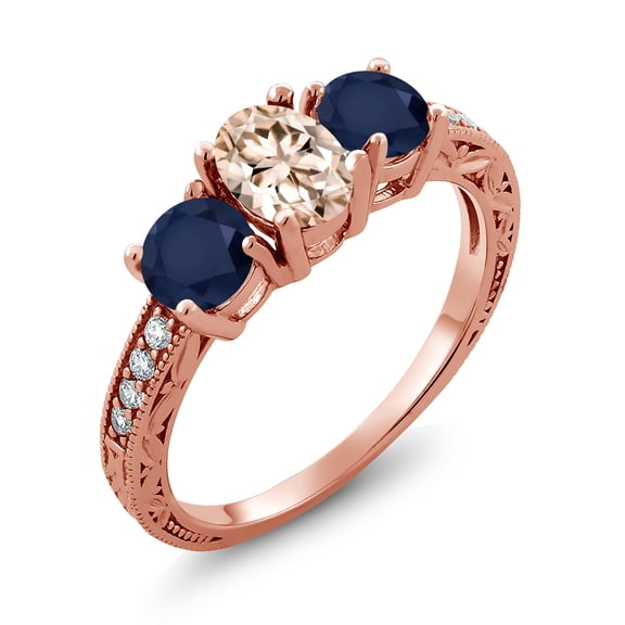 Gem Stone King 1.97 Ct Oval Peach Morganite Blue Sapphire 18K Rose Gold Plated Silver Moissanite Ring (Size 9)