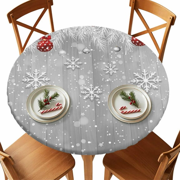 Round Tablecloth Grey Snowy Christmas Elastic Edge Fitted Red Christmas Balls Winter Plastic Table Cover,Waterproof Oil Proof for Dinner,Outdoor, Picnic, 36" - 44" DIA Tables
