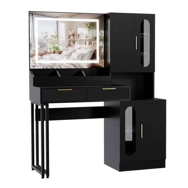 Ourlova Fluted Makeup Vanity Desk with LED Lighted Mirror Built-In Charging Station Black