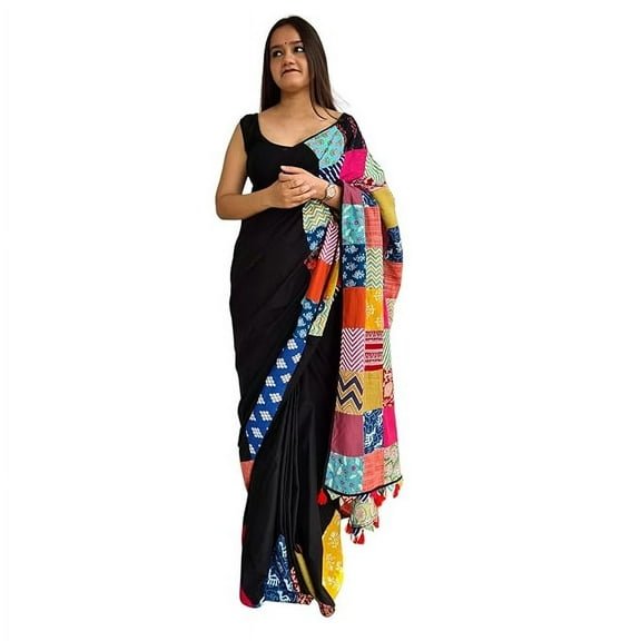 Save As अतरंगी Saree Black - Unique 100% Cotton Reclaimed Fabric Saree Without Blouse