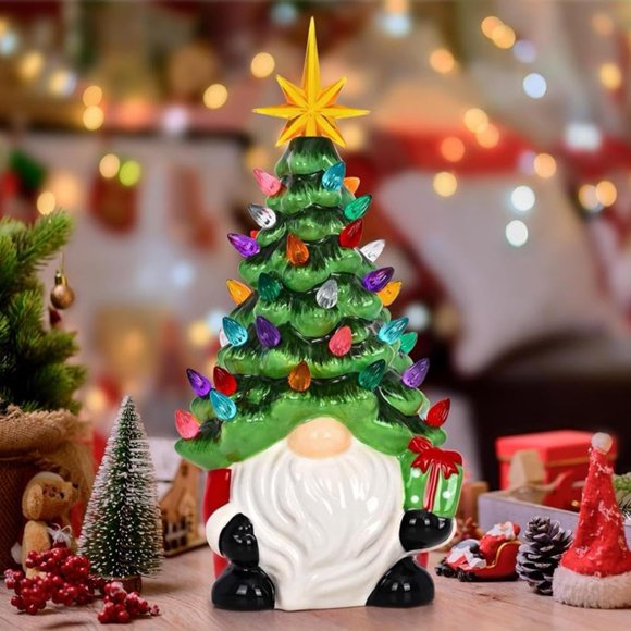 Lighted Christmas Gnome Christmas Tree, Lighted Up Gnomes Ceramic Christmas Tree with Multicolored Lights, Small Mini Prelit Xmas Holiday Decor for Tabletop Home Room Table Fireplace Office
