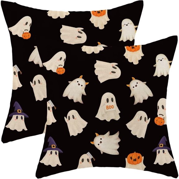 Halloween Pillow Covers 16x16 Inch Set of 2, Happy Halloween Funny Ghost Pumpkin Decorative Throw Pillowcase Black and White Ghost Cushion Cover for Sofa Couch Living Room Bed Decor