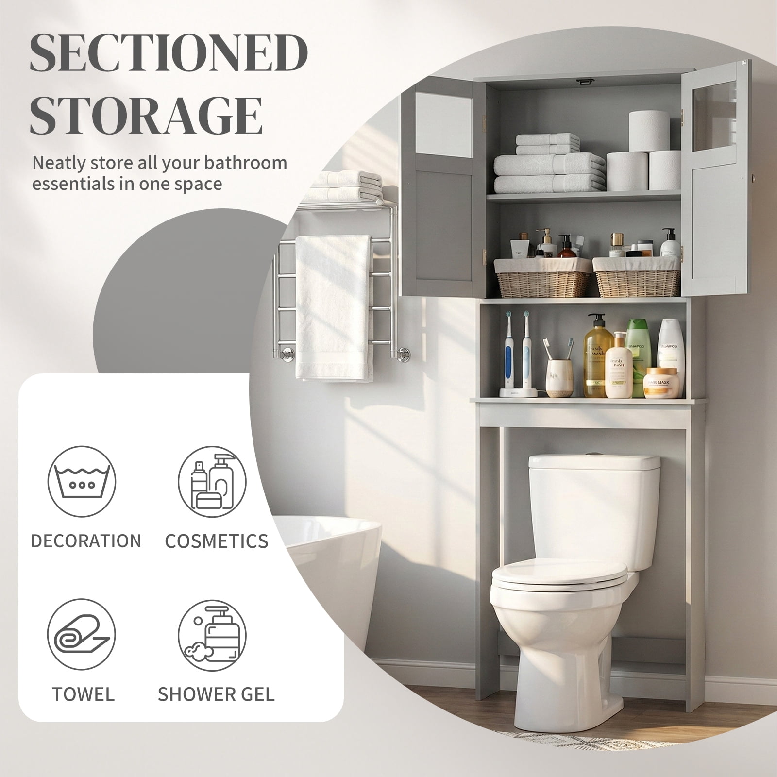 Ktaxon Over the Toilet Bathroom Storage Cabinet  with 2 Doors & 3 Storage Shelves Space Saver, Gray