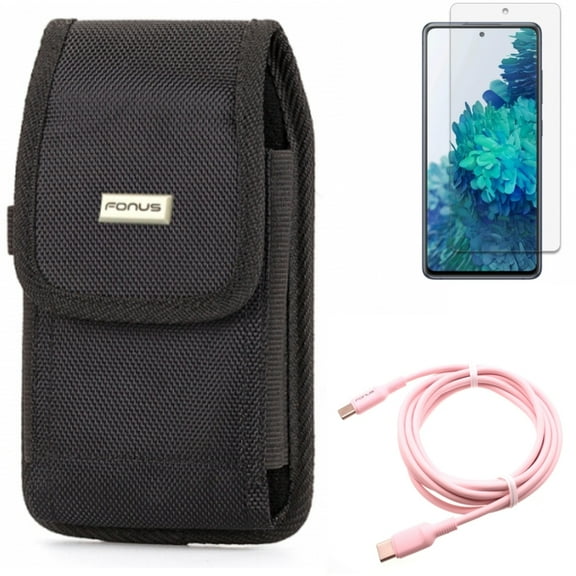 Pink 10ft Long Cable & Case Belt Clip & Screen Protector for Samsung Galaxy S20 Fan Edition - USB-C to Type-C PD Fast Charger   Swivel Holster   Anti-Glare Tempered Glass Combo