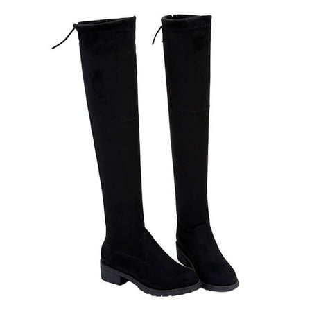 

Tuscom Women s Low-Heeled Knee High Boots Fashion Winter Solid Color Boots Low Heeled High Tube Square Heel Boots Plus Size Flock Boots