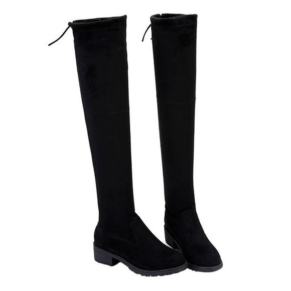 yievot Women's Low-Heeled Knee High Boots Fashion Winter Solid Color Boots Low Heeled High Tube Square Heel Boots Plus Size Flock Boots