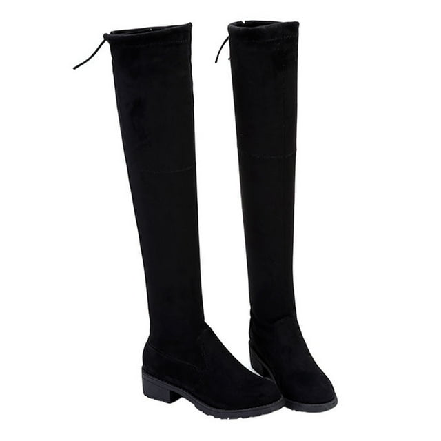 CEHVOM Woman Winter Solid Color Boots Low Heeled High Tube Square Heel Boots Plus Size Leather Boots