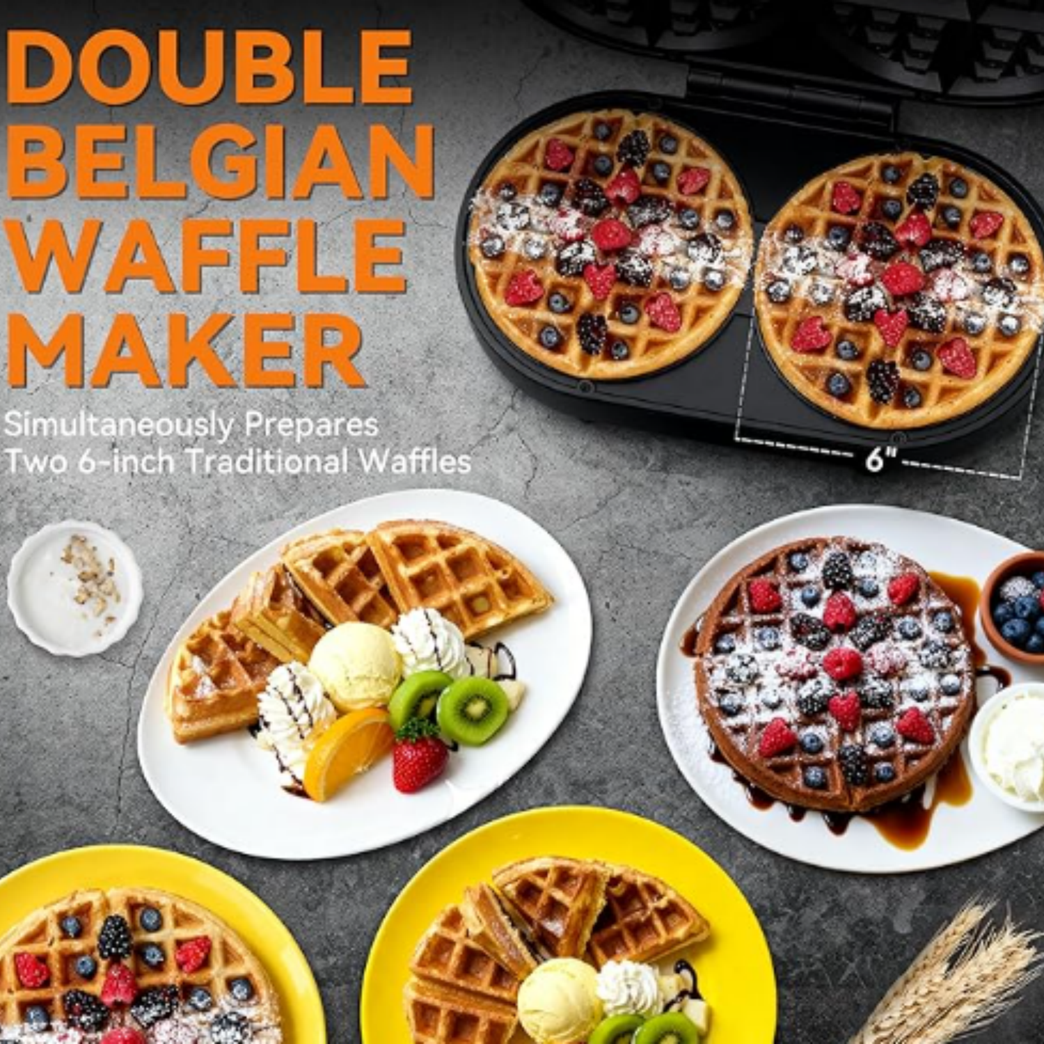 Double Belgian Waffle Maker Thick, 2 X 6” Round Waffle Maker, Belgium Waffle Iron,  with Non-stick Plates, 1200W, Perfect for Kids & Family Breakfast, Graphite