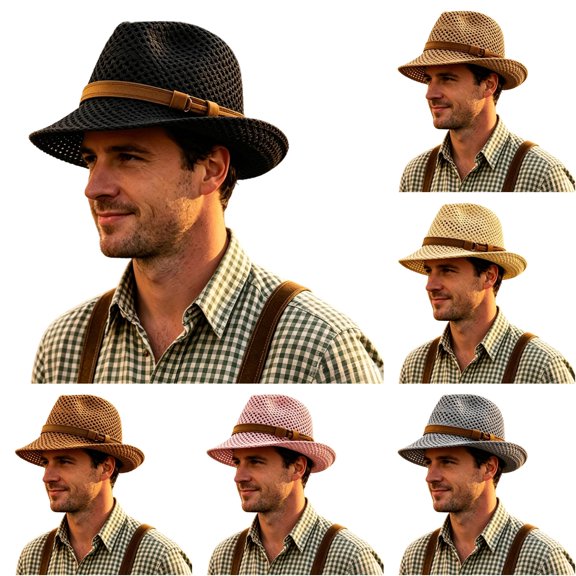 Vintage Woven Hollow‑out Sun Hat Unisex Leather Band Decor Breathable Outdoor Vacation Fedora Hat