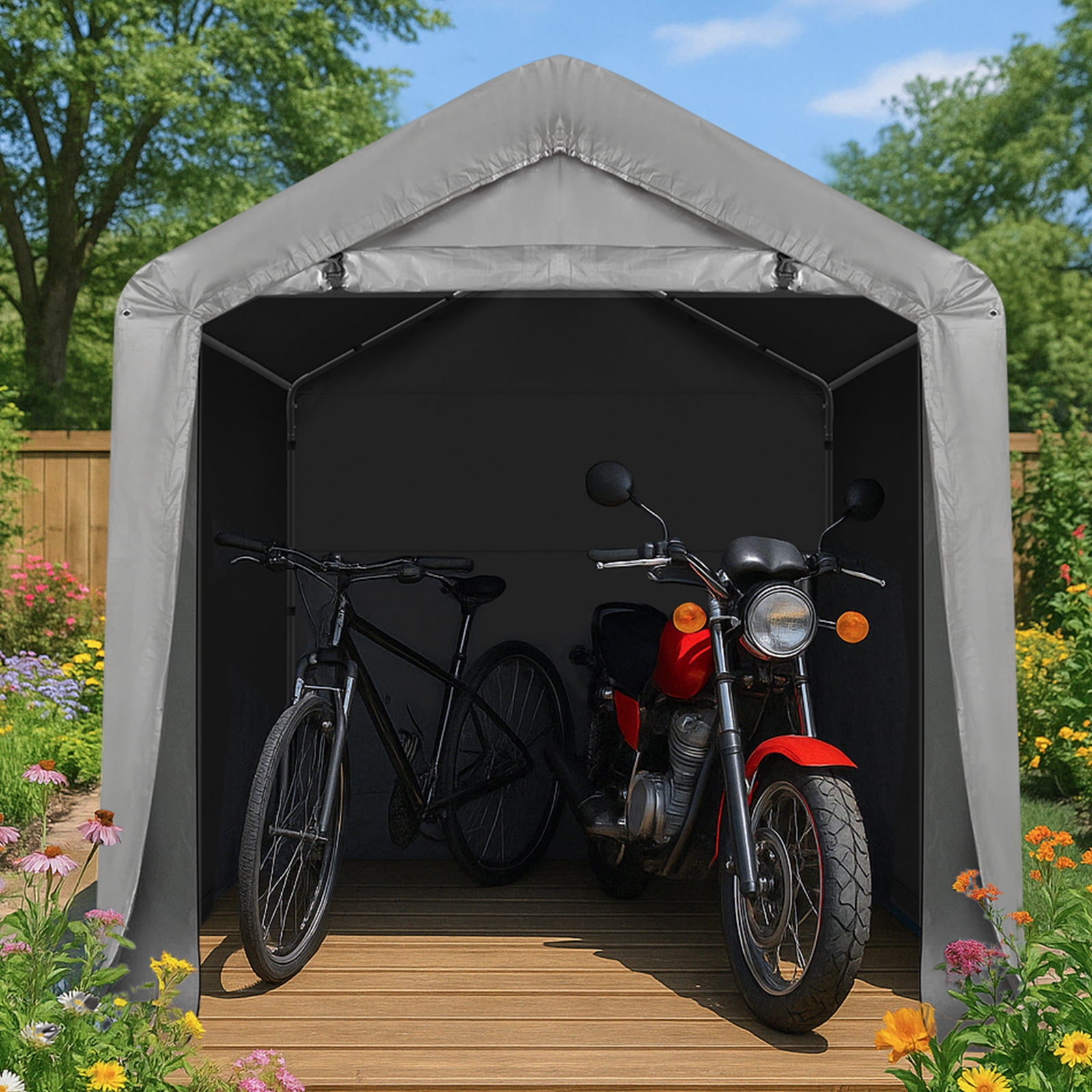 Ktaxon 6'x6' Metal Carport, Outdoor Heavy Duty Car Tent with Rolled up Zipper Door, Portable Garage Car Shelter Shade for Car, Motorcycles, Bikes and Outdoor Tools