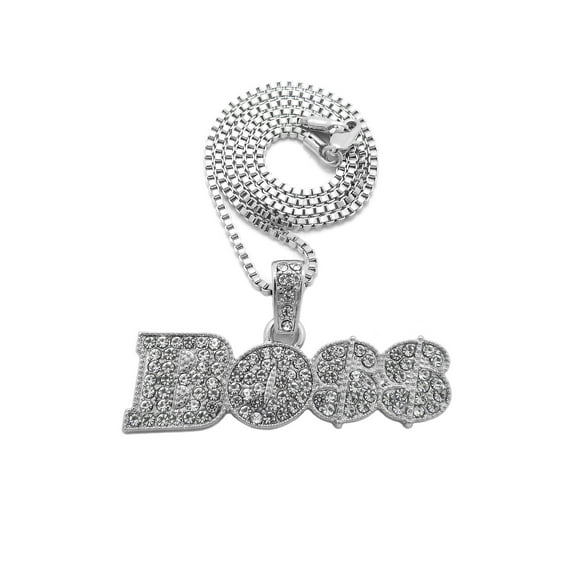iJewelry2 Urban BOSS Script Pendant with Crystals Encrusted Silver-tone Box Chain Necklace