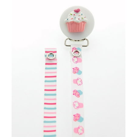 Pink Cupcake Pacifier Clip With Two Interchangeable Ribbons