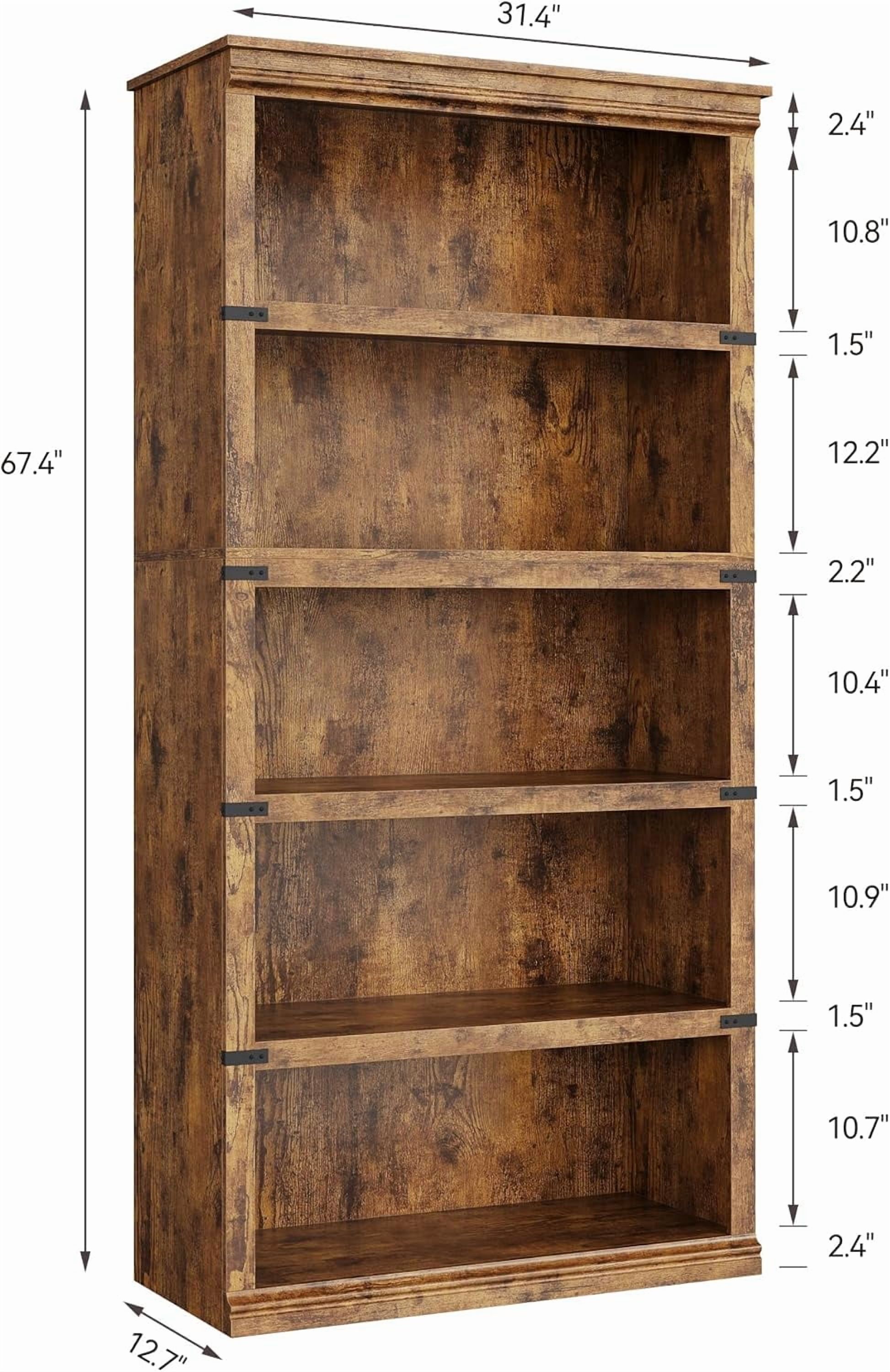 67.4" Tall 5-Tier Farmhouse Bookcase – Wooden Bookshelf with Open Display Shelves and Storage, Freestanding Home Office, Living Room, Bedroom Furniture, Brown