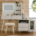 thumbnail image 3 of Yoneston Vanity Set with LED Lighted Mirror, 4 Storage Drawers, Movable Cabinet & Upholstered Stool, Makeup Table Set with Charging Station for Bedroom, White, 3 of 8