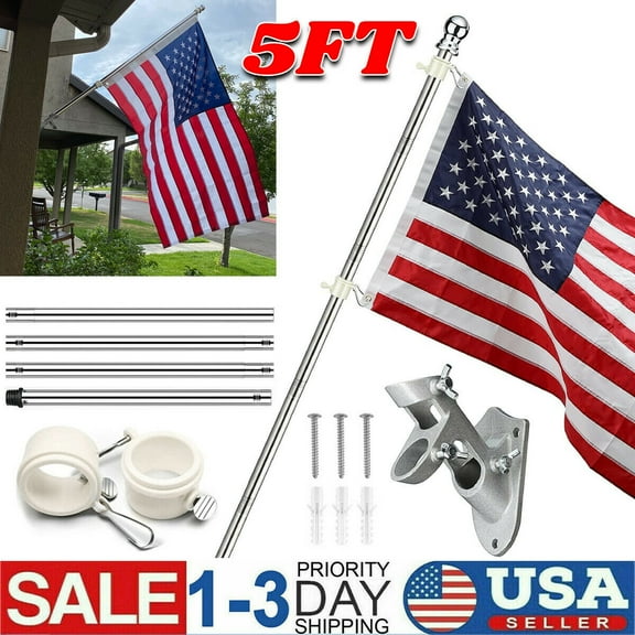 5FT Flag Pole Kit with Bracket Heavy-Duty Outdoor Wall Mount for American Flag
