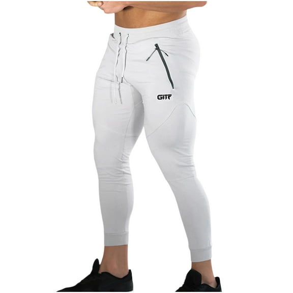 HOOMEUMY Men's Workout Pants Gym Training Joggers Slim Fit Elastic Waist Leggings Quick Dry Sports Trousers with Pockets White XL