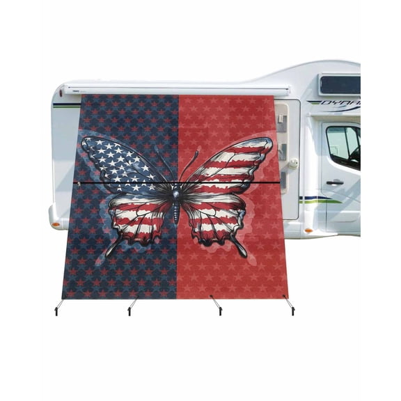 4th of July RV Awning Sun Shade Screen 9'X7' Freedom Butterfly Mesh Sunscreen Red Blue Stars Patriotic Awning Shade Screen with Zipper UV Blocker Completed Kits for RV Motorhome Camper