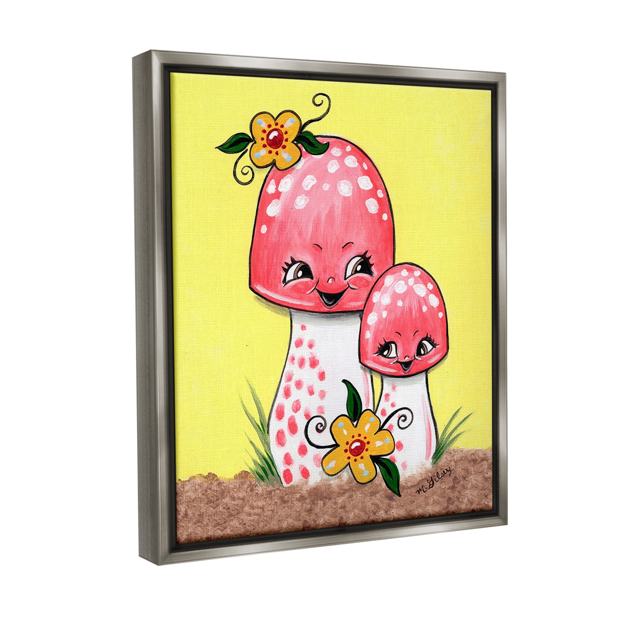 Stupell Industries Happy Mushrooms & Flowers Botanical & Floral Painting Gray Floater Framed Canvas Art Print Wall Art, 25 x 31