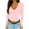 thumbnail image 2 of Otntypg Womens Casual V Neck Long Sleeve Shirts Trendy Solid Color Going Out Double Lined Crop Tops Slim Fitted Basic Workout Tee Shirt Pink M, 2 of 10