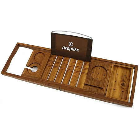 Utoplike Teak Bathtub Caddy Tray Bath Tray for Tub,Unique Bathtub Organizer with Book Tablet Wine Glass Cup Towel Holder,Adjustable, for Your Loved